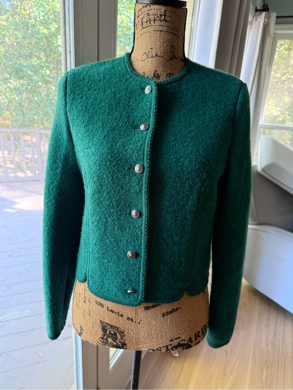 Talbots Deep Green 100% Wool Buttoned Round-Neck Jacket